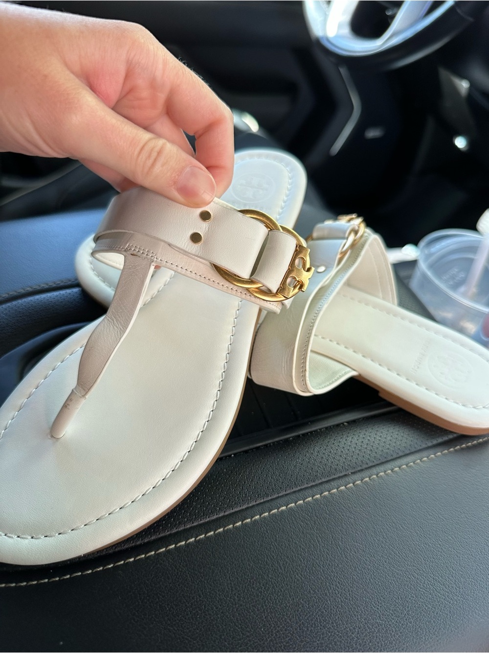 Tory Burch Cream Leather T-Strap Sandals with Gold Buckle